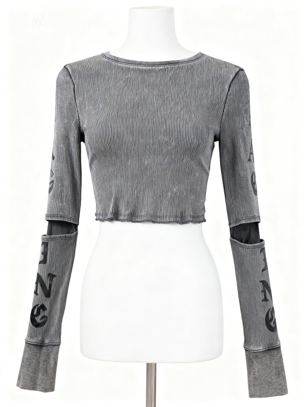 Divided Charcoal Ribbed Long Sleeve Crop Top "RAGING" Open Elbow